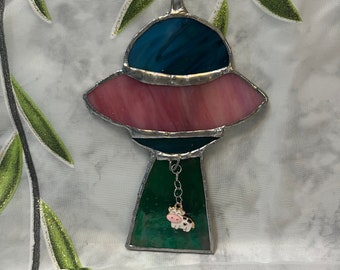 UFO Stained Glass Suncatcher Window or Wall Hanger with Cow Charm Hanging - Perfect Gift for Space or Alien Fan or Cow Lover! OPTIONS!
