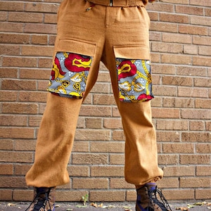 Drawstring cargo pants with African print contrast fabric
