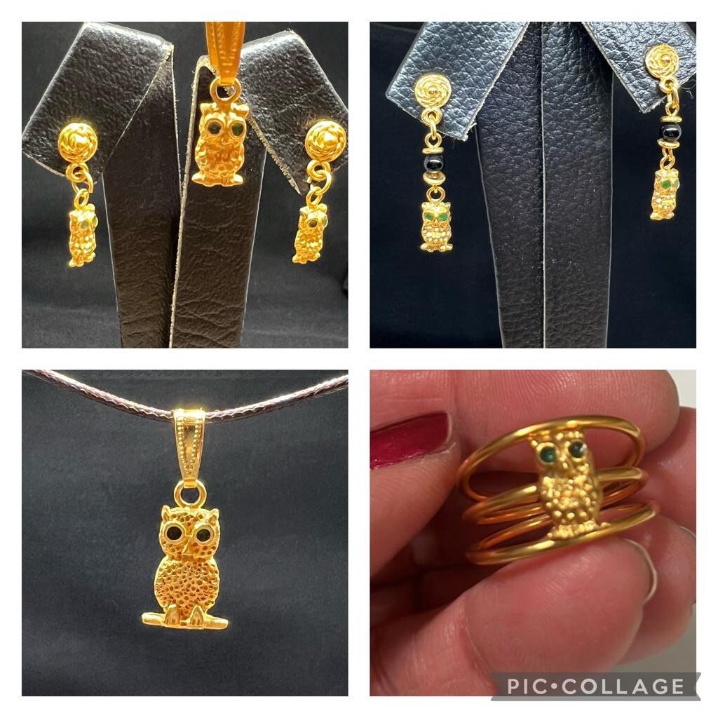 precolumbian jewelry. owl with green stone earrings, pre colombian pre colombinos 24kt gold plated