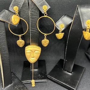Pre-columbian jewelry woman mask earrings  , pre colombinos 24kt gold plated.