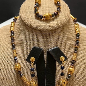 pre columbian jewelry pre colombian&#39; pre colombinos, set earrings, necklace and bracelet, 24kt gold plated