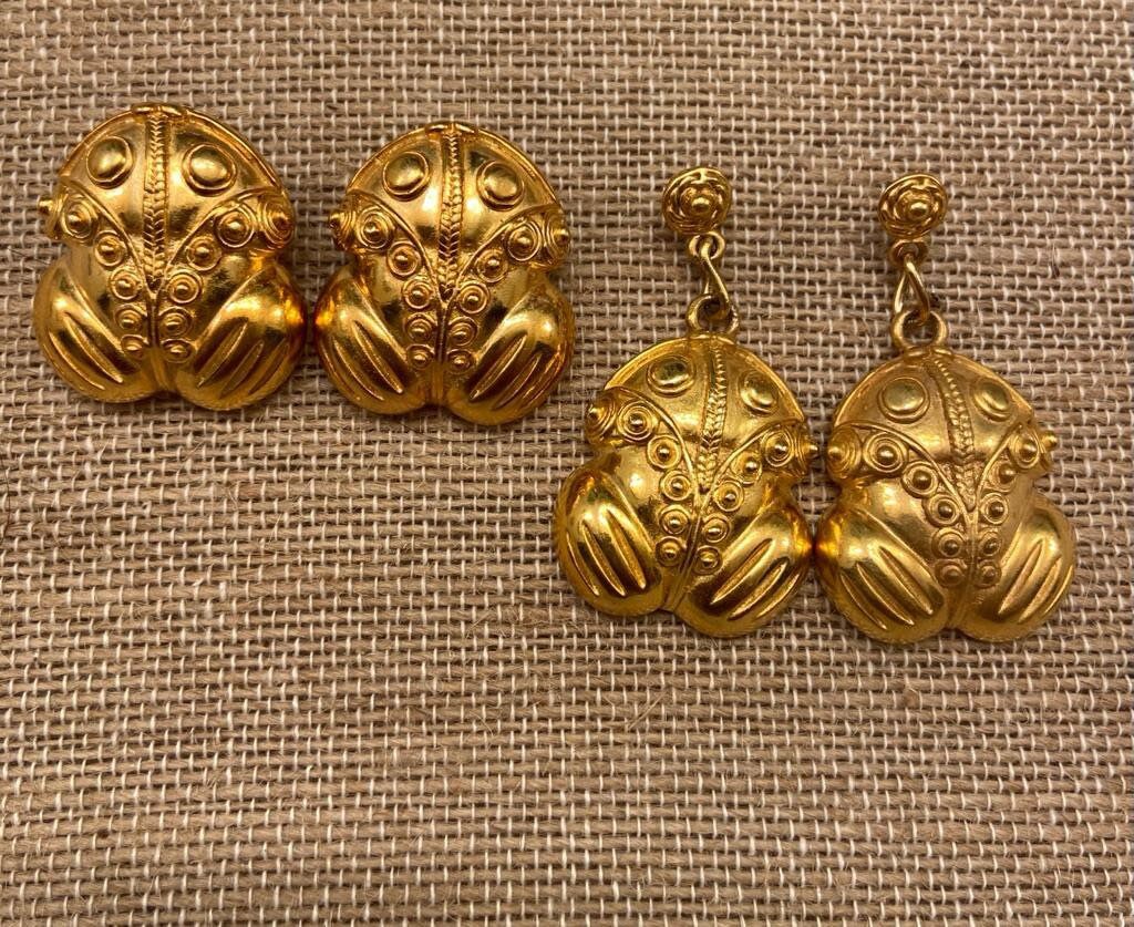 Boucles D'oreilles Vintage Grenouille - Style Art Pré-colombien - Plaqué Or 22k