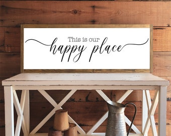 This is our Happy Place, Home Wall Decor, Framed Wood Sign, Home Decor, Living Room Sign, Farmhouse Wood Sign