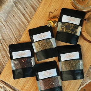 5 Loose Leaf Decaf Tea Samples, Handmade Organic Herbal Tea Samples, Handcrafted Herbal Tea kit, Personalized tea samples, Bulk Tea Sampler