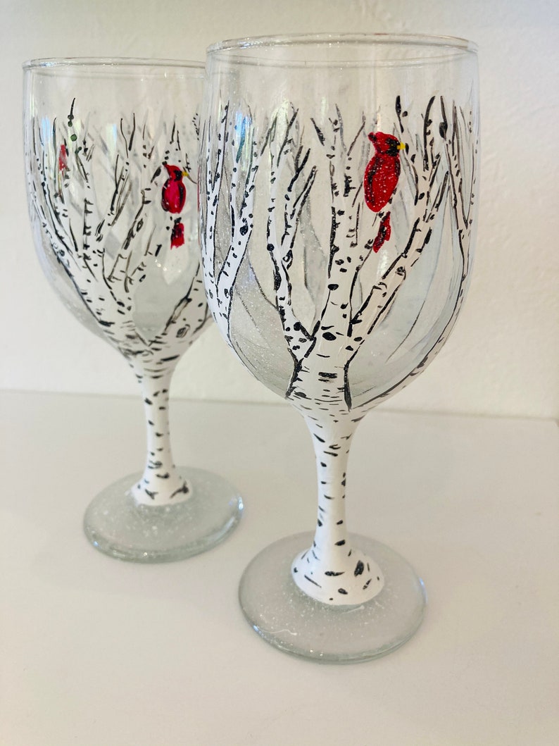 Popular Right Now Handpainted Cardinal Birch Wine Glass Set Etsy