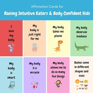 Afdrukbare bevestigingskaarten voor het opvoeden van intuïtieve eters en kinderen met zelfvertrouwen, intuïtief eten, positief lichaamsbeeld