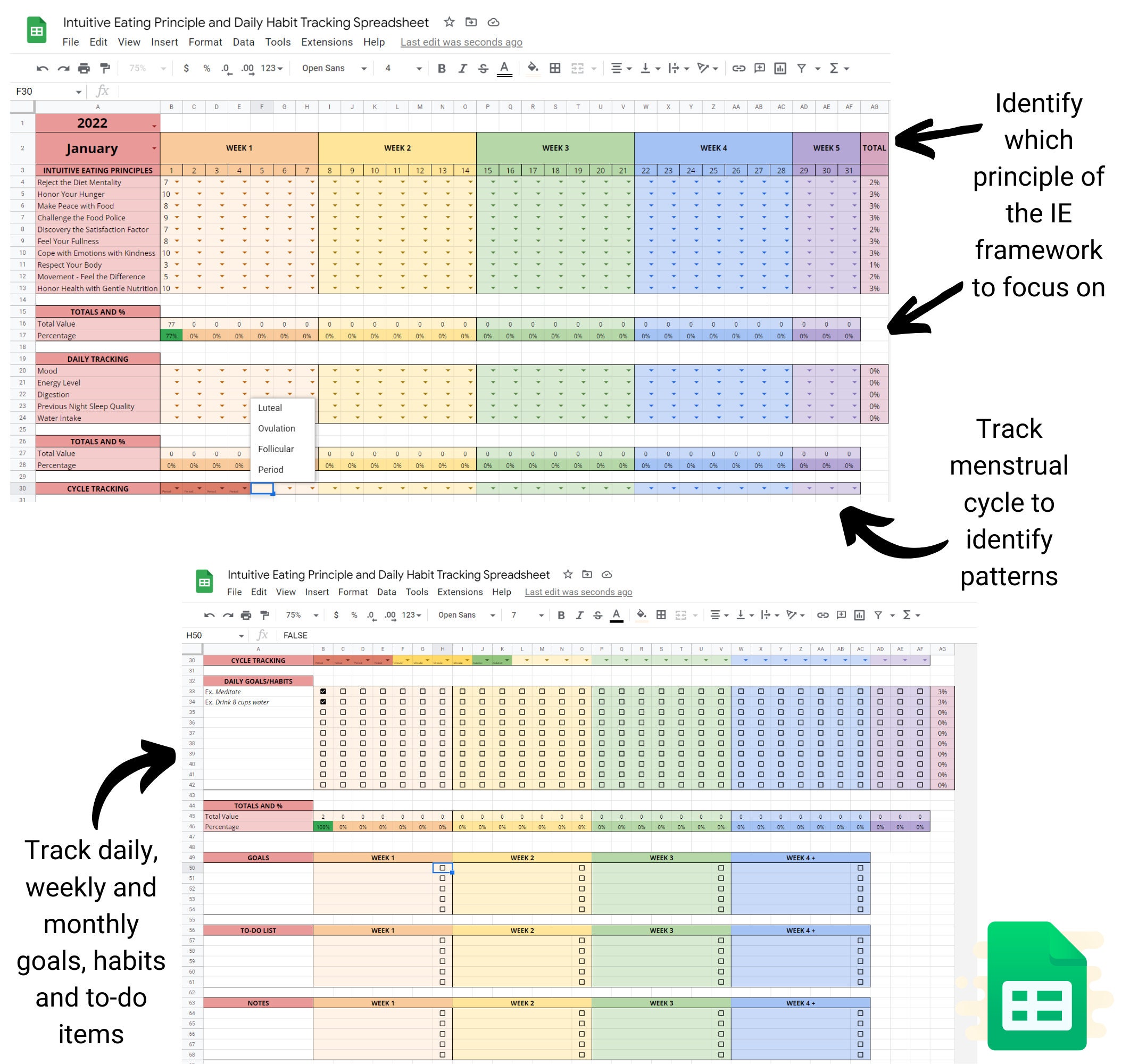 Intuitive Eating Principle & Habit Tracking Spreadsheet - Etsy