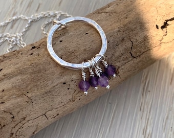 Handmade Sterling Silver Textured Circle Pendant with Amethyst Beads, February Birthstone Necklace, Gemstone Birthday Gift for Her