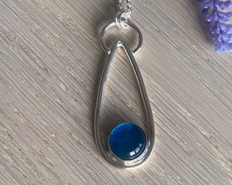 Sterling Silver Teardrop Pendant, Blue Glass Necklace, Christmas Gift for Her