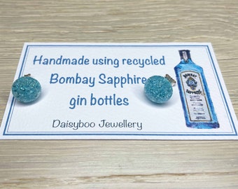 Recycled Bombay Sapphire Gin Bottle Earrings, Recycled Glass Bottle Earrings, Sterling Silver Posts, Handmade Glass Studs, Gin Lovers Gift