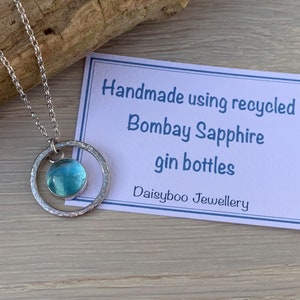 Recycled Bombay Sapphire Necklace, Recycled Gin Bottle, Gin Lovers Gift, Hammered Circle Necklace, Sterling Silver Open Circle Pendant