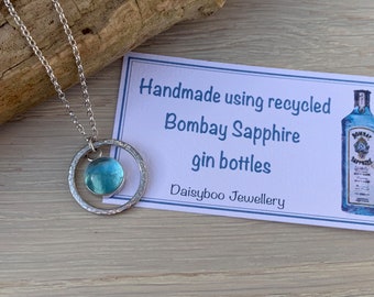 Recycled Bombay Sapphire Necklace, Recycled Gin Bottle, Gin Lovers Gift, Hammered Circle Necklace, Sterling Silver Open Circle Pendant