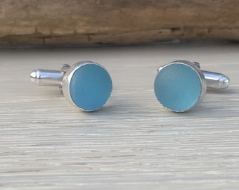 Frosted Glass Cuff Links, Bombay Sapphire Cuff Links, Recycled Gin Bottle Cuff Links, Handmade Cuff Links, Sterling Silver Cuff Links,