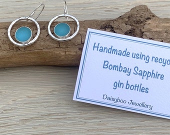 Recycled Bombay Sapphire Gin Drop Earrings, Recycled Glass Bottle Earrings, Sterling Silver Open Circle, Gin Lovers Gift