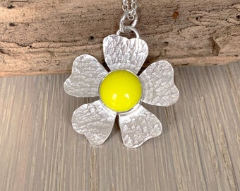 Sterling Silver Flower with Yellow Glass Pendant