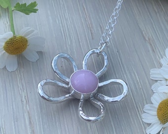 Sterling Silver Flower Pendant. Fused Glass Pendant, Handmade Jewellery, Hammered Silver Flower, Gift For Her