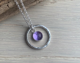 Sterling Silver Hammered Circle, Purple Glass, Handmade Silver Jewellery, February Birthday, Gift for Her