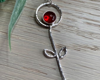 Hammered Sterling Silver Heart Pendant, Fused Red Glass Sterling Silver Hammered Sterling Silver Pendant