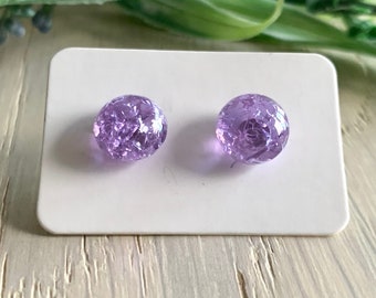 Pretty Purple Glass Studs, Purple Crackle Glass Earrings, Handmade Glass Studs, Gift for Her