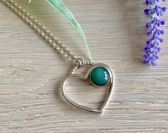 Sterling Silver Open Heart with Green Stone, Handmade Heart Pendant, Fused Glass Heart Necklace, Gift for Her