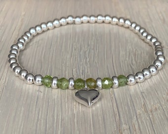 Peridot Silver Bracelet, August Birthstone, Dainty Bracelet, Gift for Her, Green Bracelet, Heart Charm, August Birthday