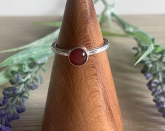 Sterling Silver Textured Ring, Red Glass Cabochon Ring, Christmas Gift for Her