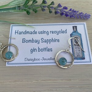 Recycled Bombay Sapphire Gin Drop Earrings, Recycled Glass Bottle Earrings, Sterling Silver Open Circle, Gin Lovers Gift