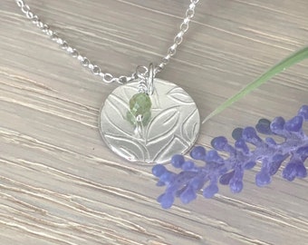 Sterling Silver Disc Pendant, August Birthstone, Floral Disc Pendant, Handmade Silver Jewellery, Silver Gift for Her, Handmade Necklace