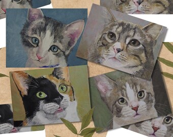 Printable Notecards with Cat Paintings, Four Sets with Envelopes, Instant Download, Printable Greeting Card, Blank Cards, Frameable Art