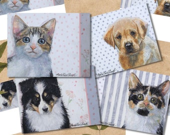 Printable Notecards, Puppies and Kittens, Sets with Envelopes, Instant Download, Printable Greeting Card, Blank Cards, Frameable Nursery Art