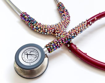 Estetoscopio Littmann Swarovski, estetoscopio bling fancy con pedrería, estetoscopio burdeos con acabado plateado, envío gratis