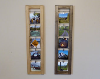 Vertical Polaroid or Square Picture Hanger (5 Pictures) - Solid Wood Frame, Steel Rods + Hanging Clips - Easy Install with Keyhole Hangers