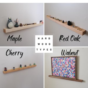 May include: A four-part collage showing long, narrow, rectangular wooden wall shelves labeled Maple, Red Oak, Cherry, and Walnut. The shelves are mounted horizontally and display various small decorative items, including figurines and a framed painting.