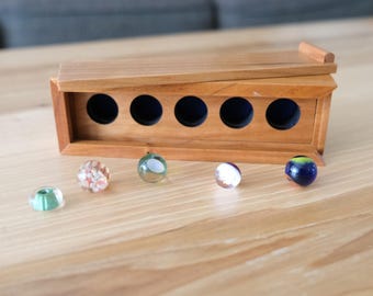 Display Case for Marbles, Rocks, Gems with Sliding Lid - Solid Cherry - Five Holes with Blue Felt Bottom - 3/4" Diameter