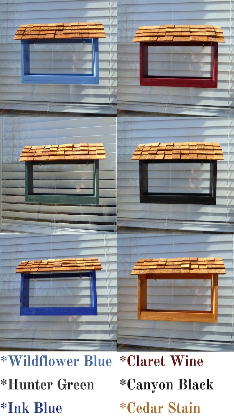 K&ouml;nnte beinhalten: Sechs Vogelh&auml;uschen aus Holz mit Schindeld&auml;chern, die in verschiedenen Farben lackiert sind. Die Farben umfassen Blau, Rot, Gr&uuml;n und Schwarz. Der Text unten zeigt die Farben an: Wildflower Blue, Claret Wine, Hunter Green, Canyon Black, Ink Blue und Cedar Stain.