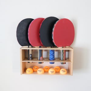 Ping Pong, Table Tennis Paddle and Ball Display – Solid Hickory – Four Paddles, Seven Balls – Ping Pong Paddle Holder – Table Tennis Gift
