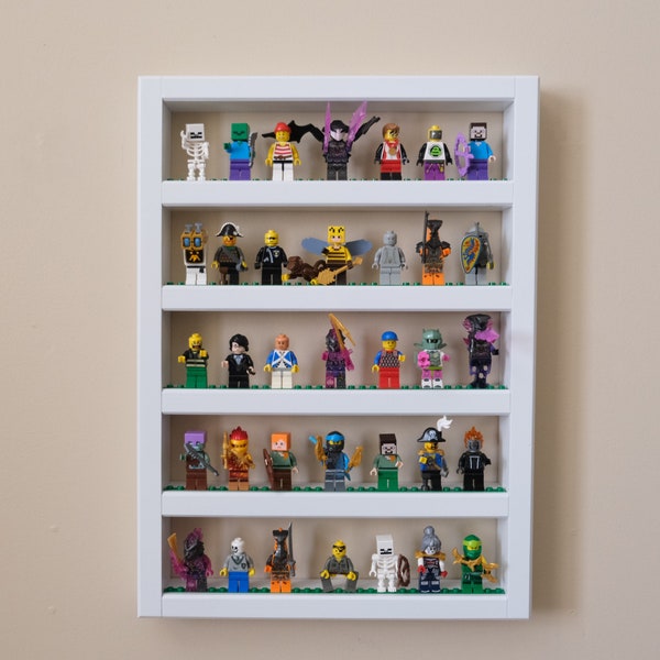 Minifigure Display Shelf - Display up to 40 Minifigs - Solid Wood Painted Black or White - Choose Plate Color - Hang on Wall with Keyholes