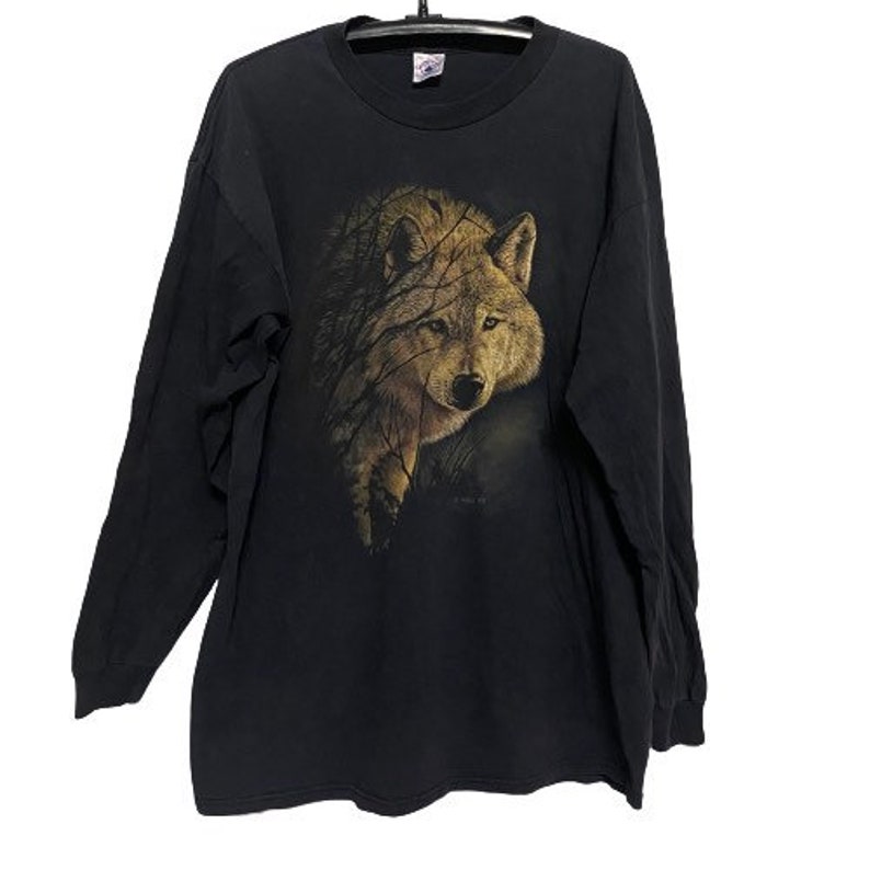 Vintage Wolf Long Sleeve Shirt Spell Out Printed Black Color X Large Size