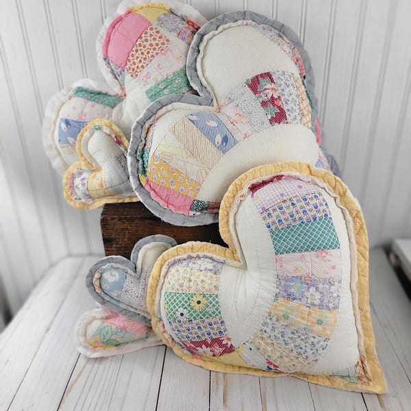 Vintage Quilted Heart Pillows, Patchwork Feedsack Decor