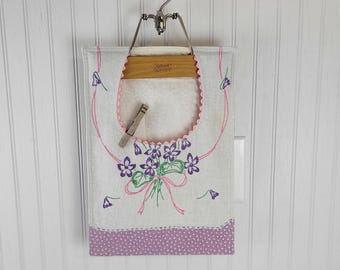 Handmade Vintage Cotton Clothes Pin Bag with Rick Rack Embellishment