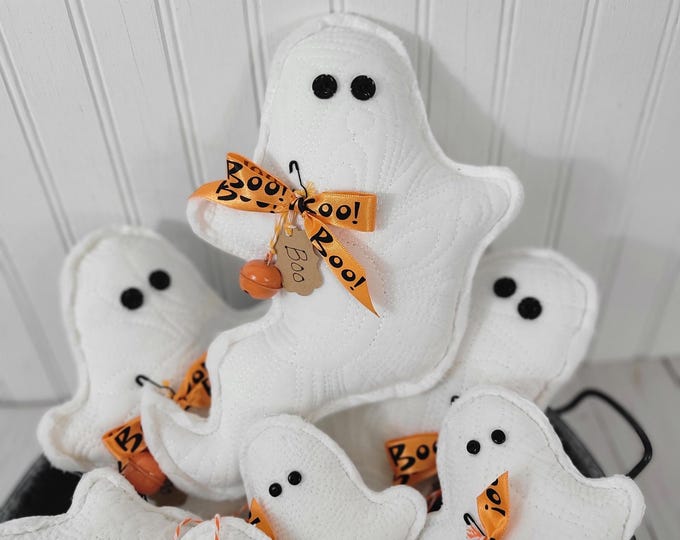 Quilted Ghost Pillow: Vintage Fabric, Button Eyes, Bell Accent