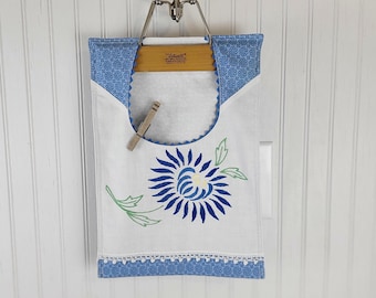 Handmade Vintage Cotton Clothes Pin Bag with Embroidered Pansies – Rick Rack Trim