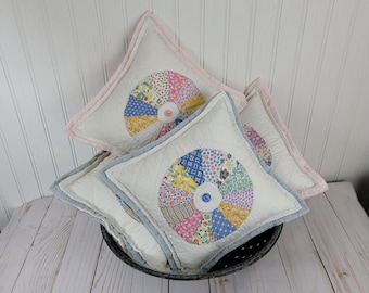 Vintage Feedsack Quilt Pillow: Dresden Plate, Hand-Sewn Button Detail