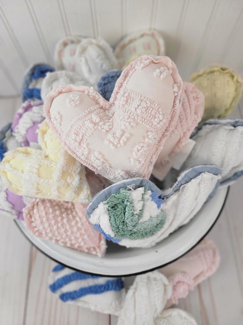 Vintage Chenille Heart Pillows: Handmade from Bedspread, Polyester Fill image 1