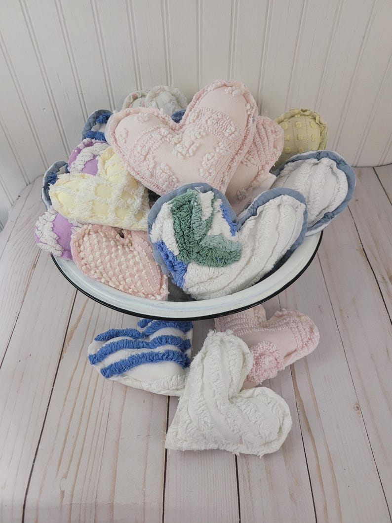 Vintage Chenille Heart Pillows: Handmade from Bedspread, Polyester Fill image 2