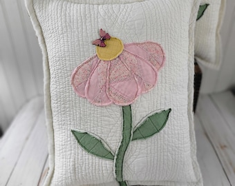 Vintage Flower Quilt Pillow, Feedsack Applique