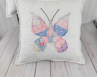Vintage Butterfly Pillow: Upcycled Feedsack Quilt Applique, Handmade Home Decor
