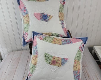 Vintage Quilt Pillow, Heart Appliqué Decorative Pillow (12x12)