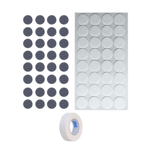 May include: A set of 48 gray round adhesive dots, 48 white round adhesive dots, and a roll of white tape with the 3M logo.