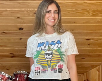 Distressed KISS Cropped Tee: Rock Band Concert T-Shirt